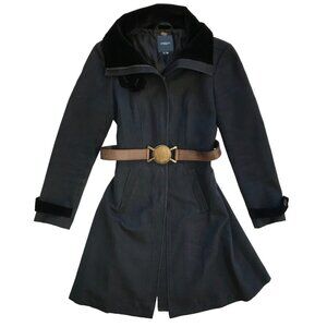 Gryphon NY Funnel Top Coat Jacket Womens Medium Black Gray Velvet Belted Topcoat